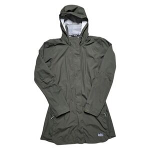 REI Co Op Rainier Long Line Rain Jacket Army Green Womens L Full Zip Hooded